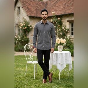 Bogosse Mens Long Sleeve Shirt Black/White Stripes Square Buttons Size 4